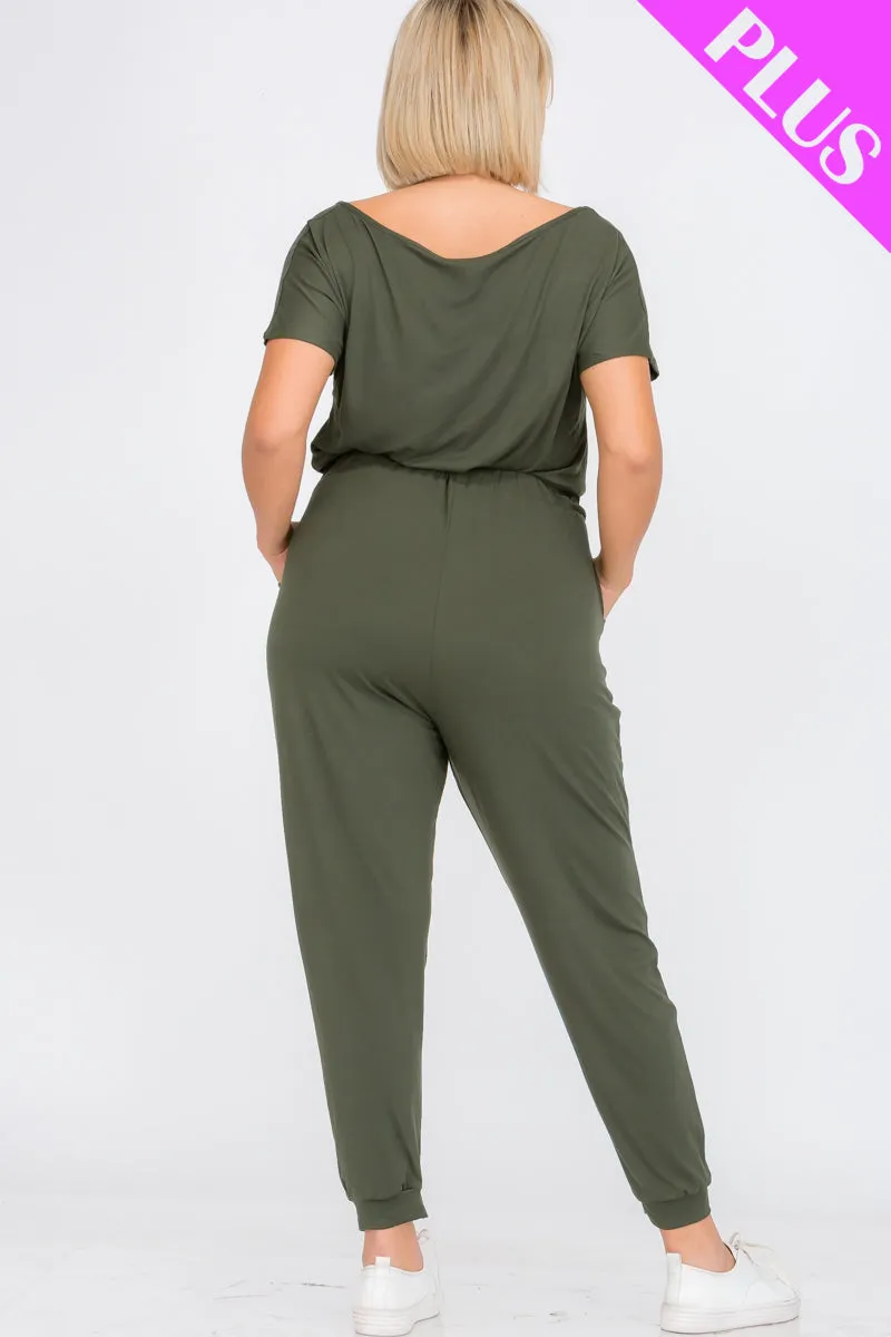 Plus Size Solid Drawstring Short Sleeve Jumpsuit