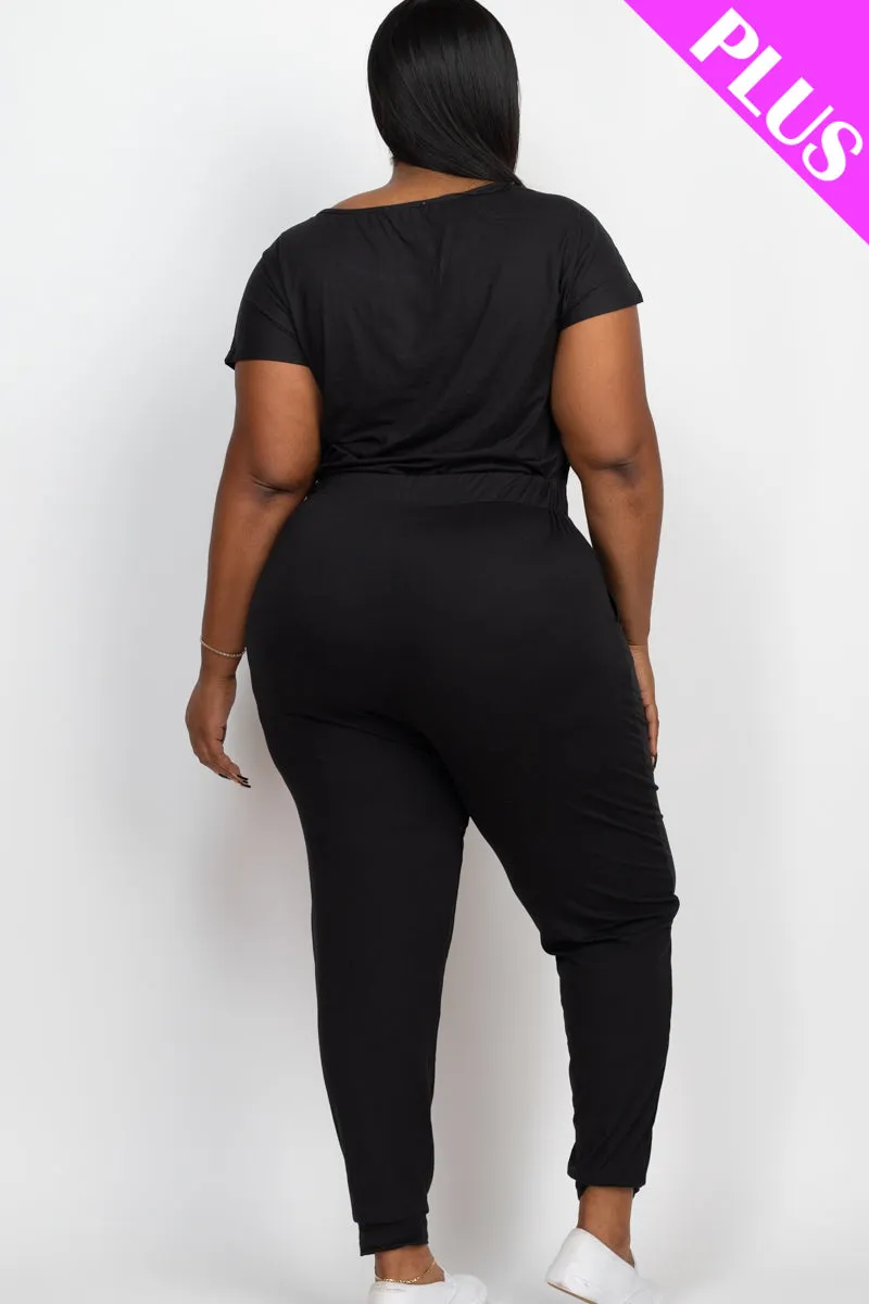 Plus Size Solid Drawstring Short Sleeve Jumpsuit