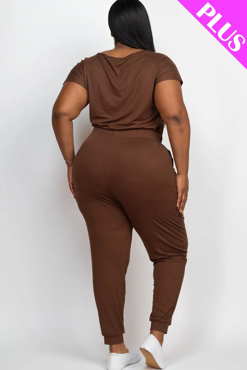 Plus Size Solid Drawstring Short Sleeve Jumpsuit