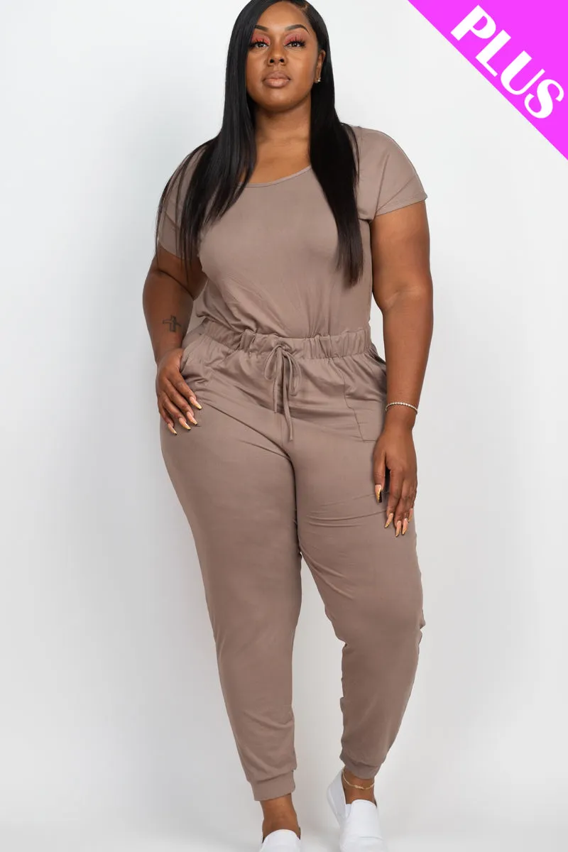 Plus Size Solid Drawstring Short Sleeve Jumpsuit