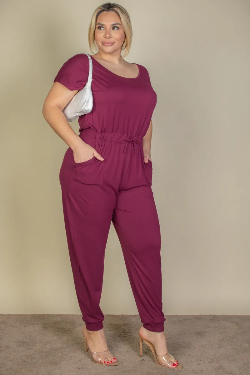 Plus Size Solid Drawstring Short Sleeve Jumpsuit