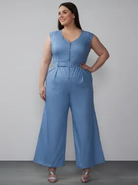 Plus Sleeveless V Neck Belted Jumpsuit