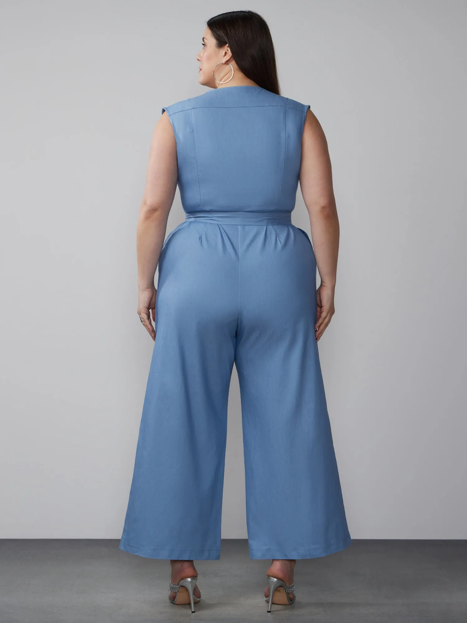 Plus Sleeveless V Neck Belted Jumpsuit