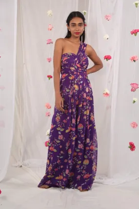 Purple printed draped jumpsuit