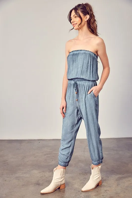 Raw Edge Blue Strapless Detail Tube Jumpsuit