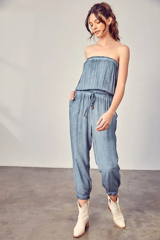 Raw Edge Blue Strapless Detail Tube Jumpsuit