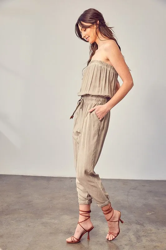 Raw Edge Blue Strapless Detail Tube Jumpsuit