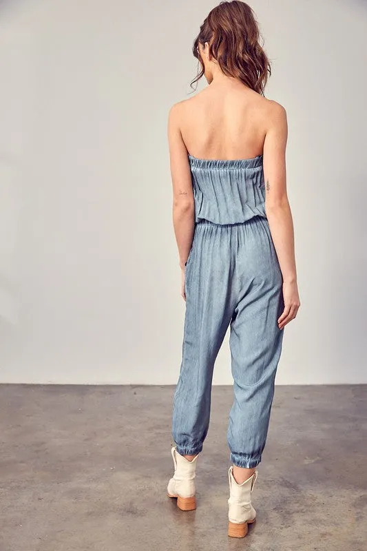 Raw Edge Blue Strapless Detail Tube Jumpsuit