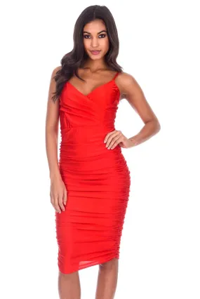 Red Ruched Midi Dress