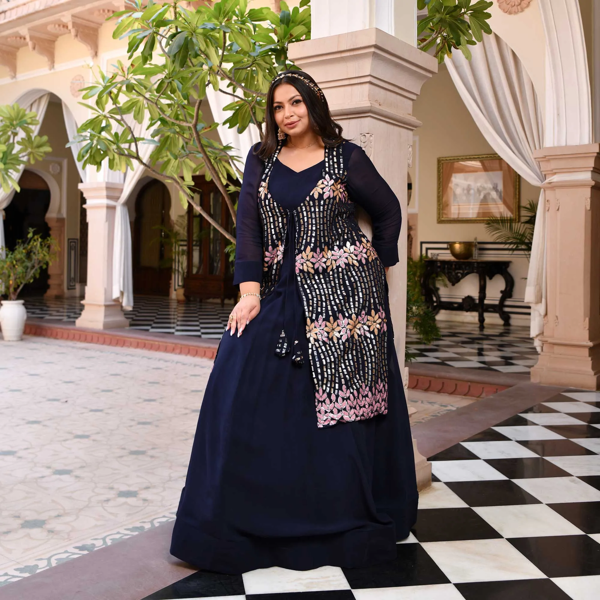 Regal Navy Sequin Embroidered Pure Georgette Anarkali Cape Set