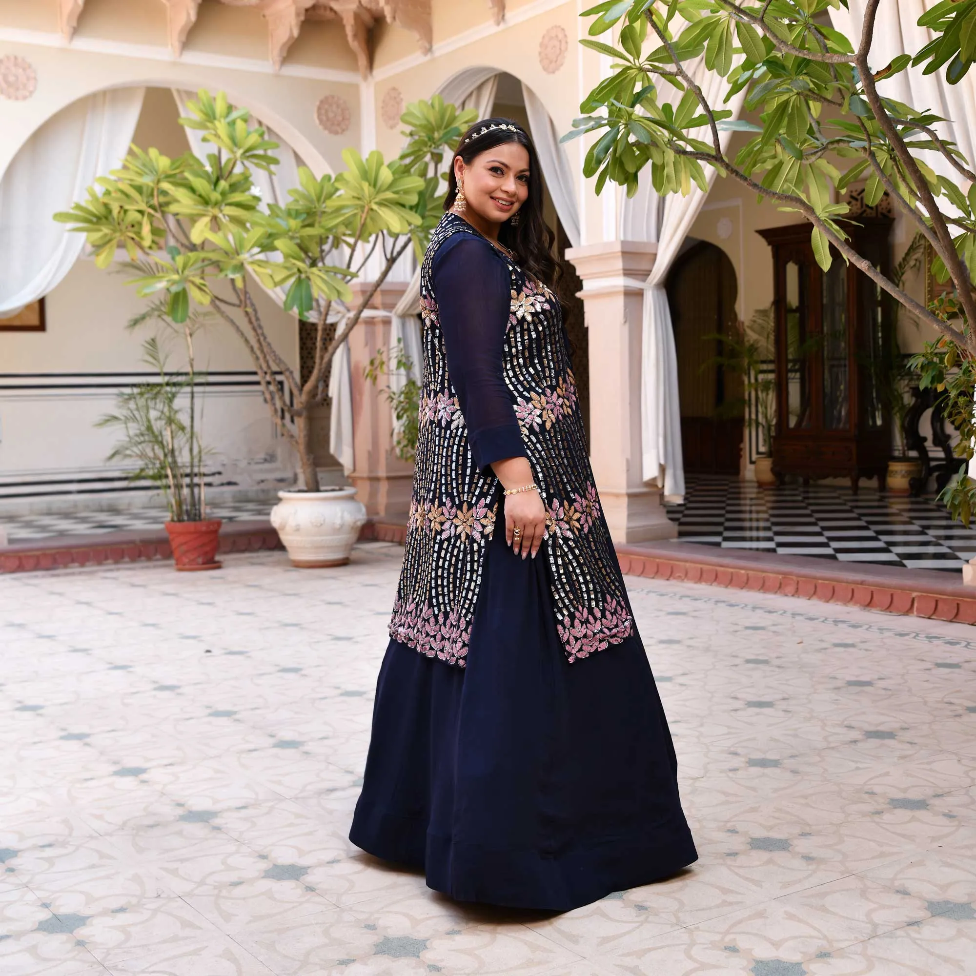 Regal Navy Sequin Embroidered Pure Georgette Anarkali Cape Set