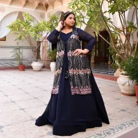 Regal Navy Sequin Embroidered Pure Georgette Anarkali Cape Set