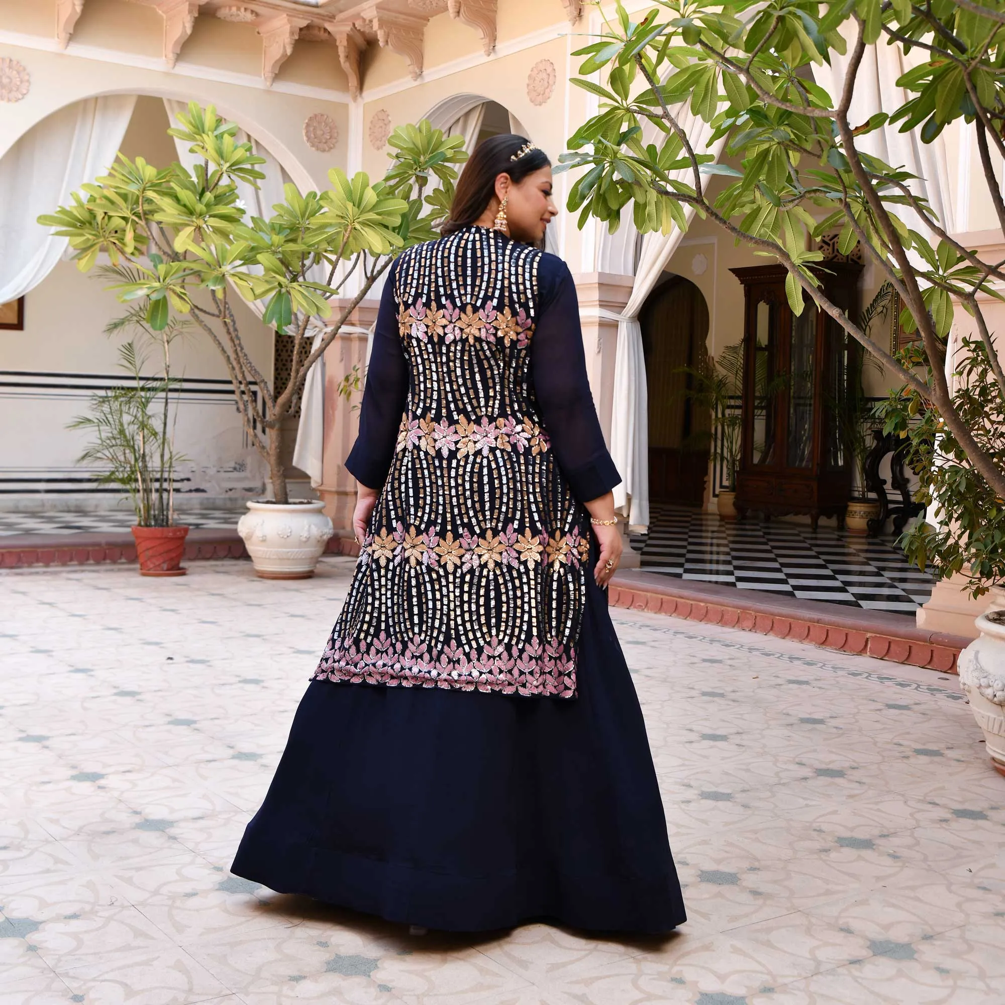 Regal Navy Sequin Embroidered Pure Georgette Anarkali Cape Set