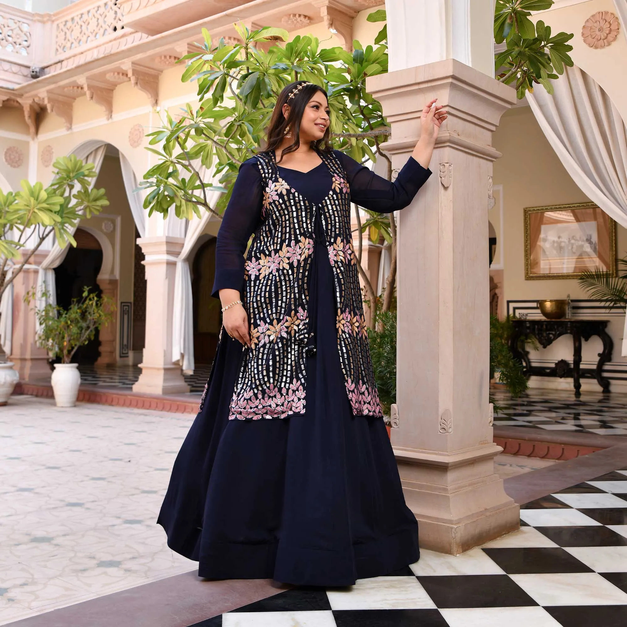 Regal Navy Sequin Embroidered Pure Georgette Anarkali Cape Set