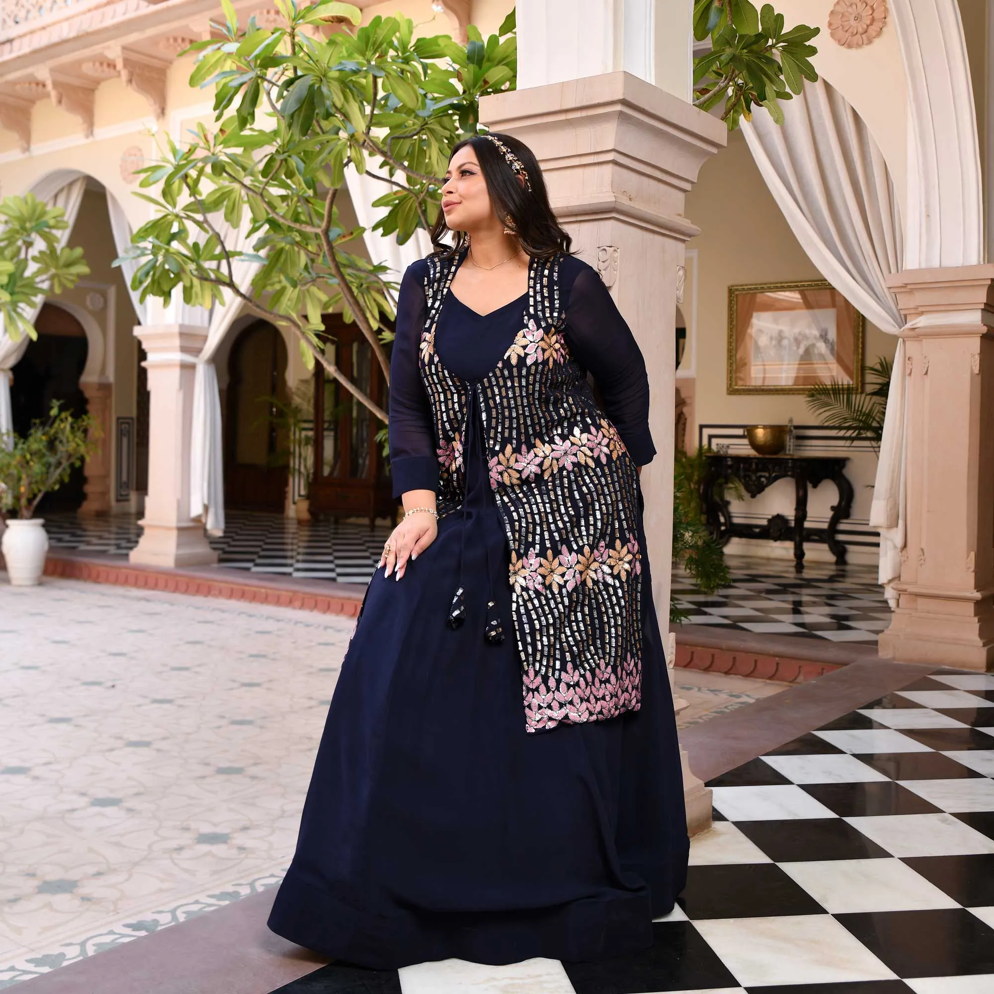 Regal Navy Sequin Embroidered Pure Georgette Anarkali Cape Set