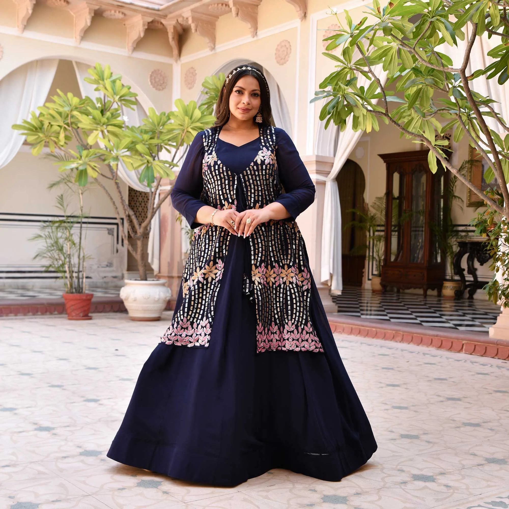 Regal Navy Sequin Embroidered Pure Georgette Anarkali Cape Set