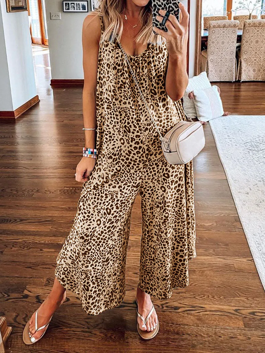 Retro Casual Loose Strap Leopard Print Jumpsuit