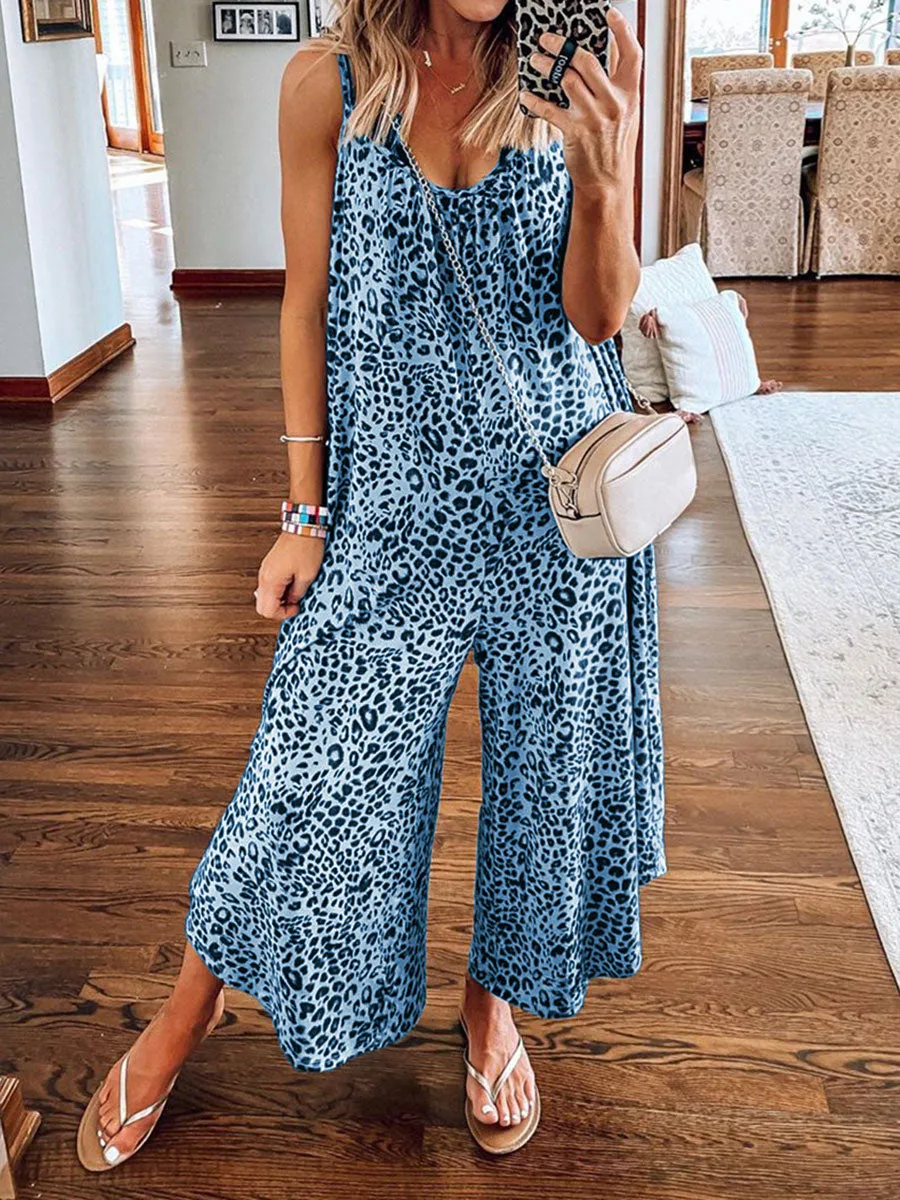 Retro Casual Loose Strap Leopard Print Jumpsuit