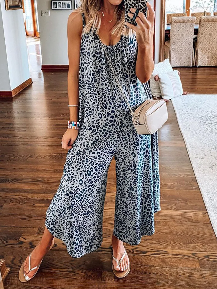 Retro Casual Loose Strap Leopard Print Jumpsuit