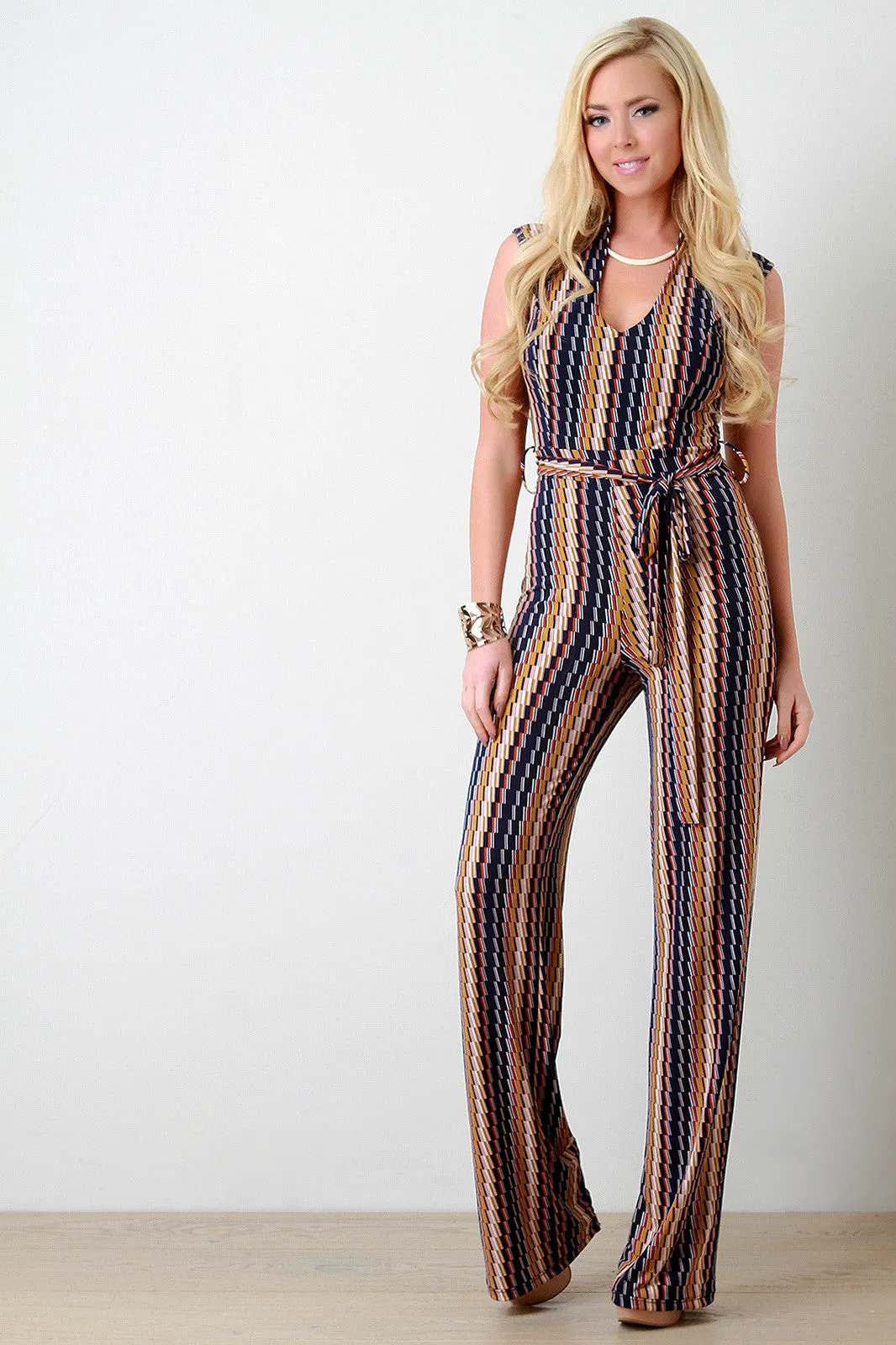 Retro Print Self-Tie Waist Sleeveless Jumpsuit