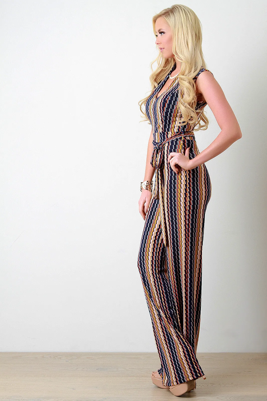 Retro Print Self-Tie Waist Sleeveless Jumpsuit