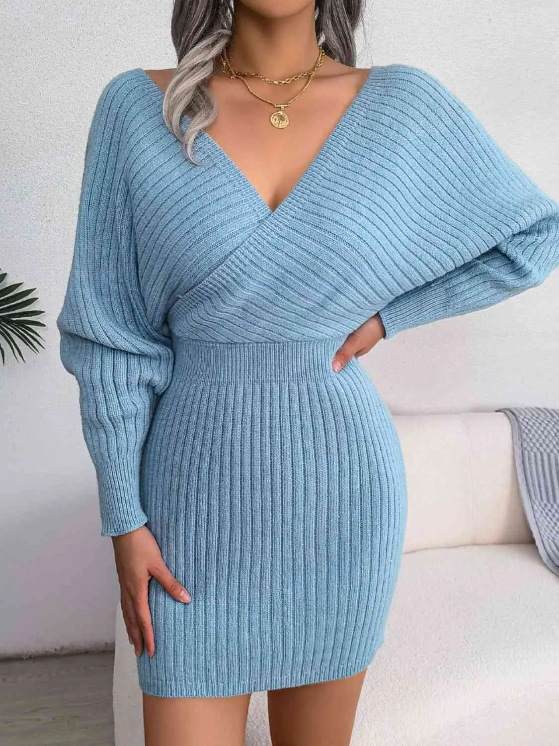 Rib-Knit Dolman Sleeve Sweater Dress