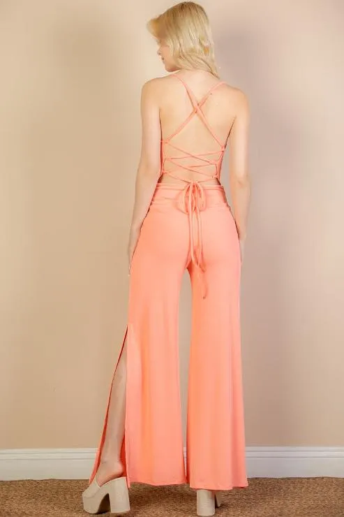 Ribbed Cowl Neck Backless Split Wide Leg Jumpsuit