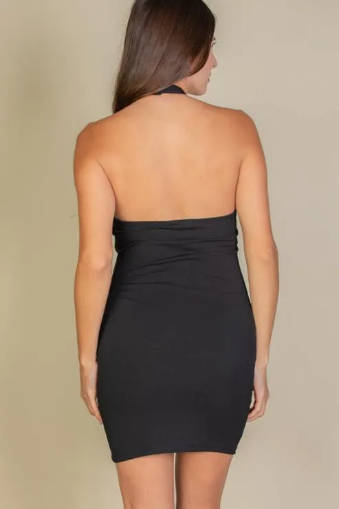 Ribbed Halter Neck Backless Bodycon Dress