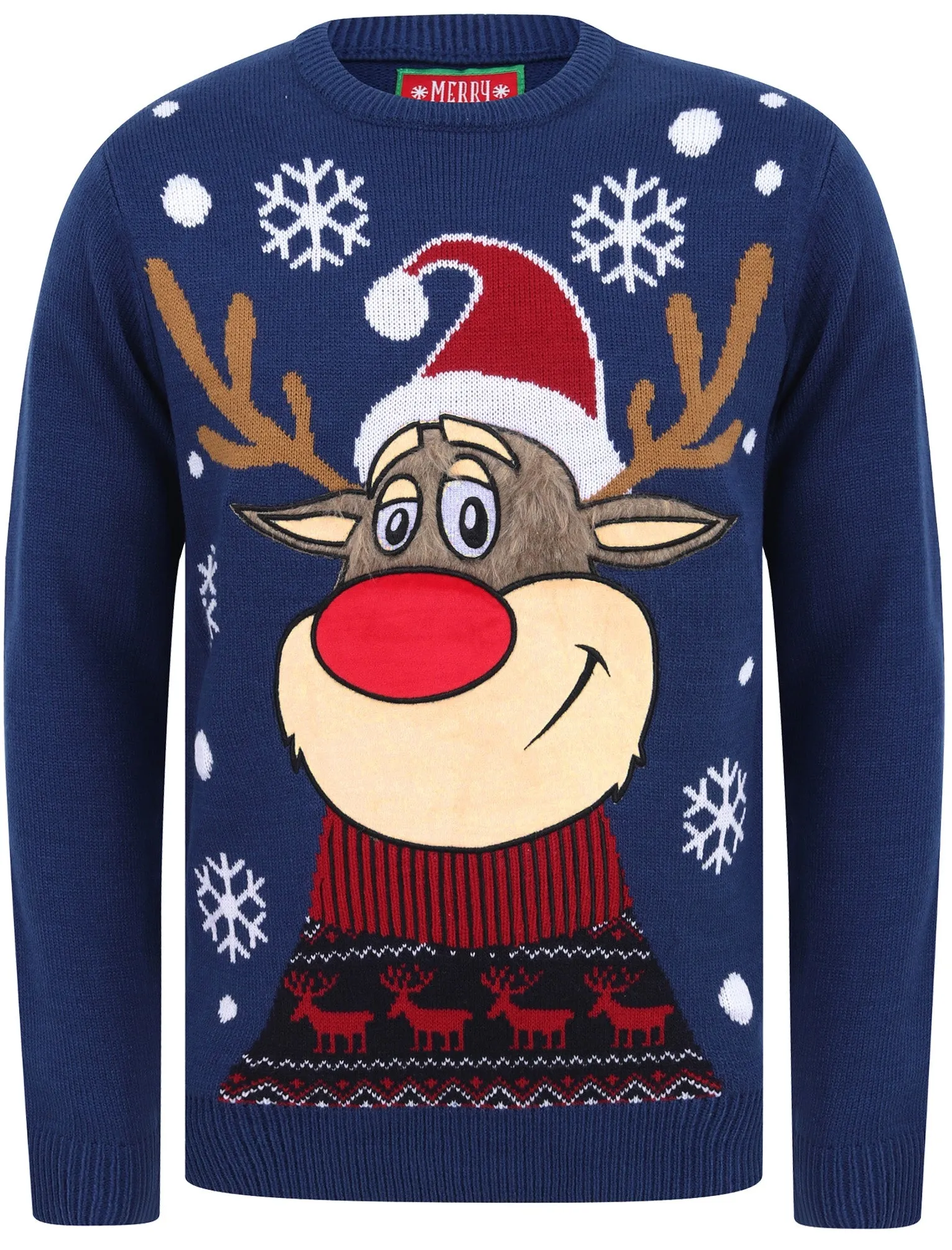 Rudolph the Reindeer Motif LED Light Up Novelty Christmas Jumper in Sapphire - Merry Christmas