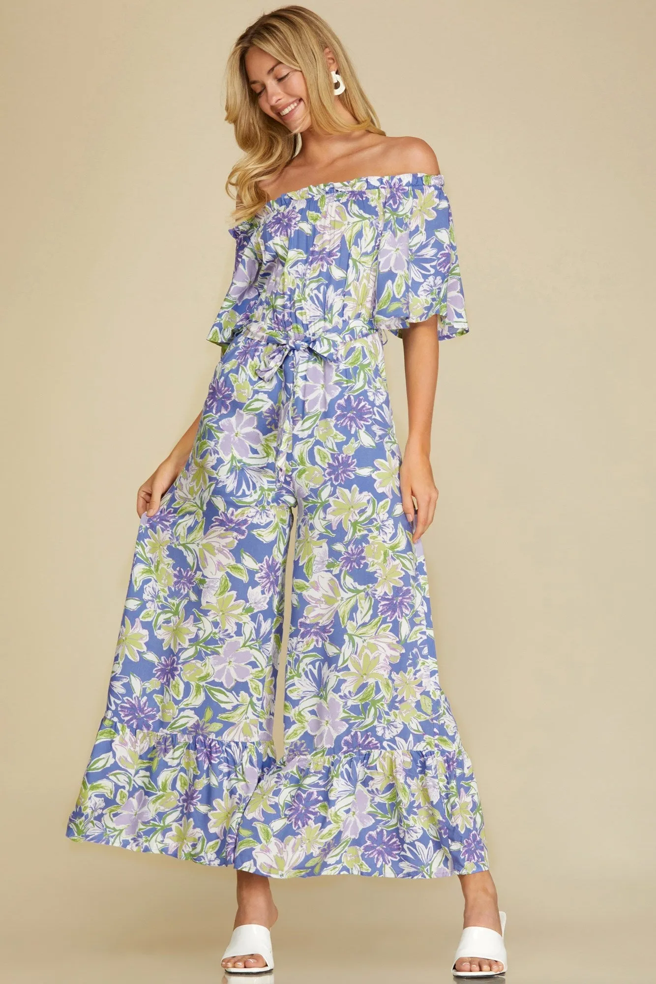 Ruffled Off Shoulder Flowy Jumpsuit - Violet Blue