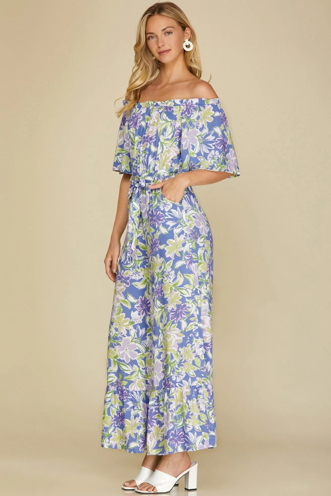 Ruffled Off Shoulder Flowy Jumpsuit - Violet Blue