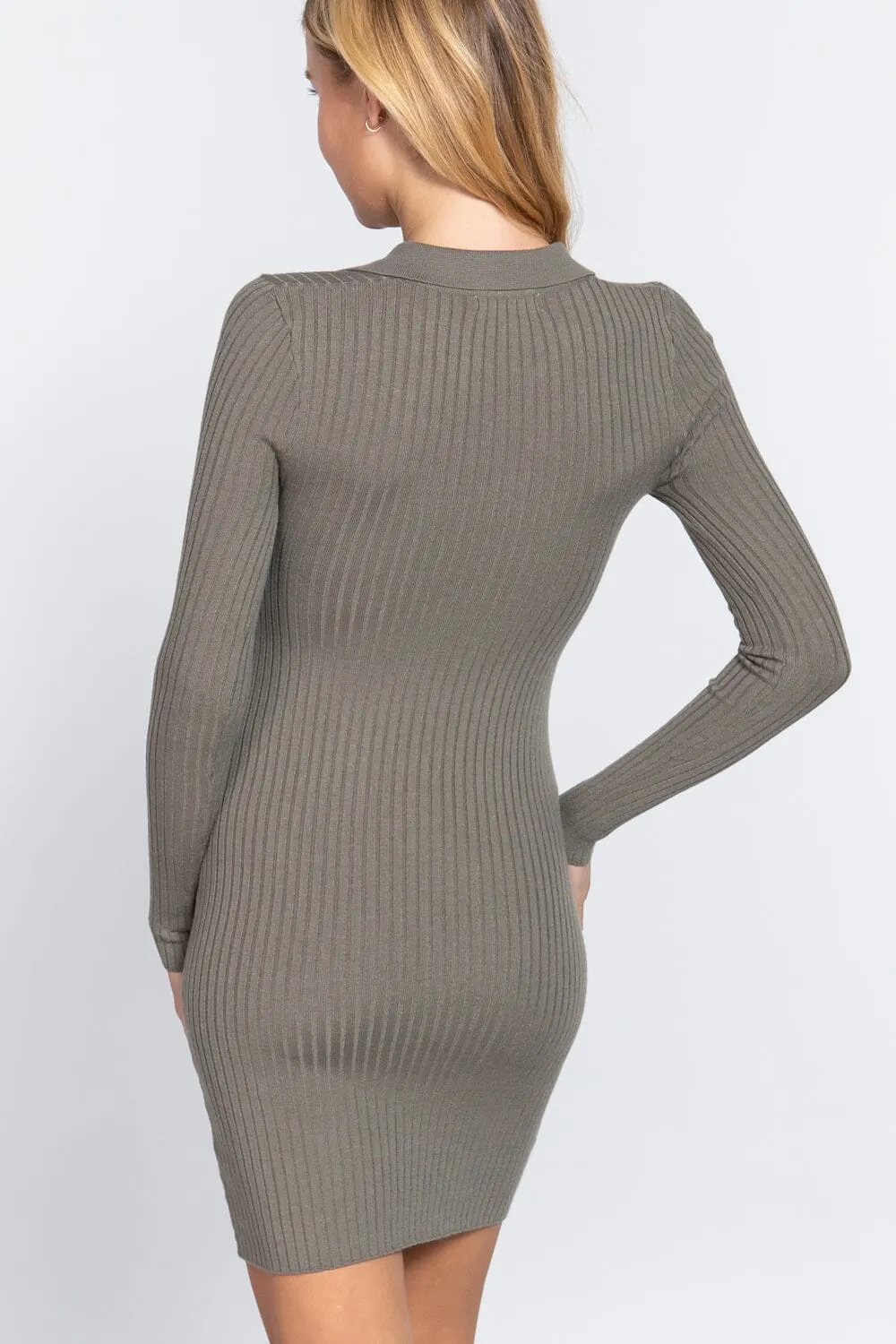 Sage Green Long Sleeve V Neck Collar Sweater rib bodycon mini dress