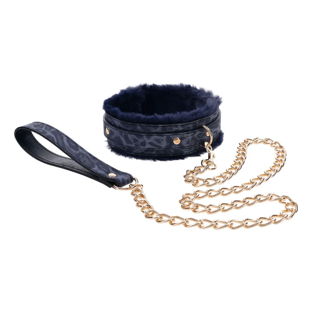 Sex & Mischief Cougar Fur Collar & Leash - Navy Blue/Gold Furry Restraint