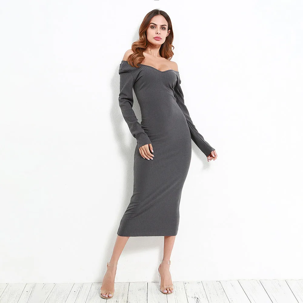 Sexy Off Shoulder Knitted Strapless Long Sleeve Cotton Bodycon Dress