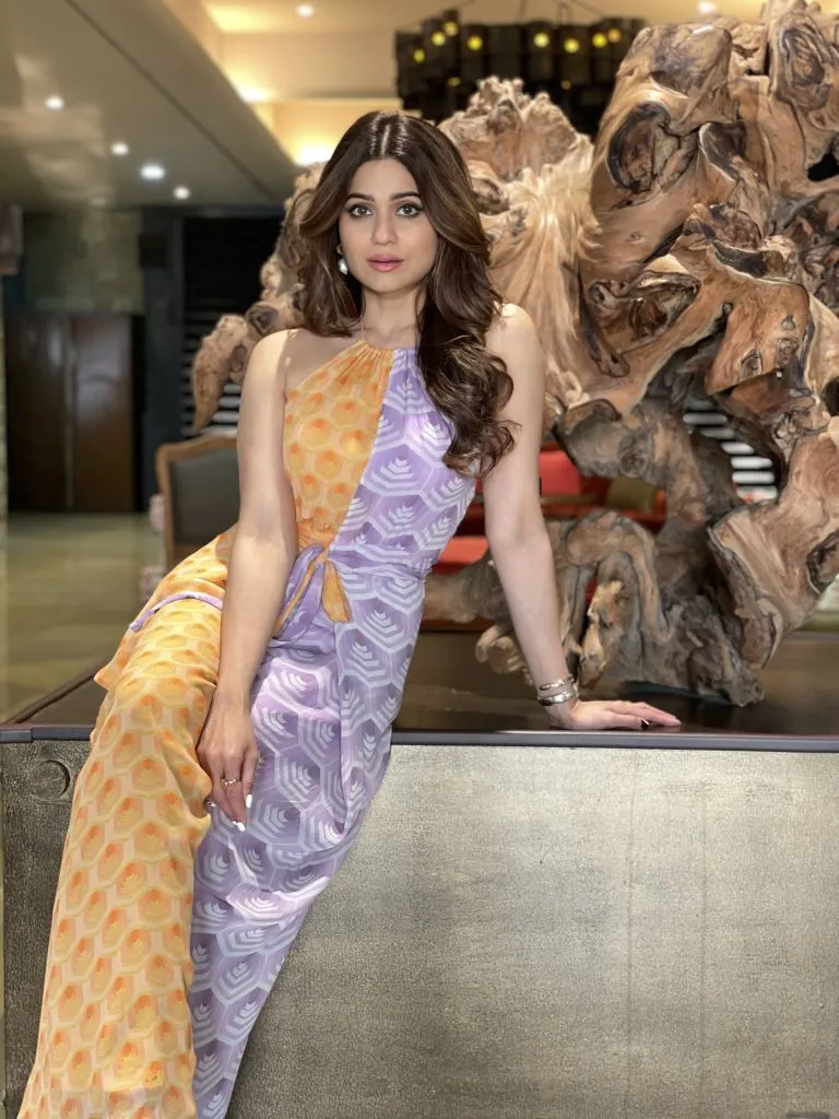 Shamita Shetty in Nirmooha Halter Half And Half Printed Jumpsuit from Retro-Spection Collection