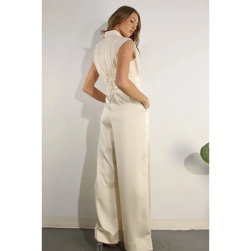 Sheer Pleated Top Satin Jumpsuit