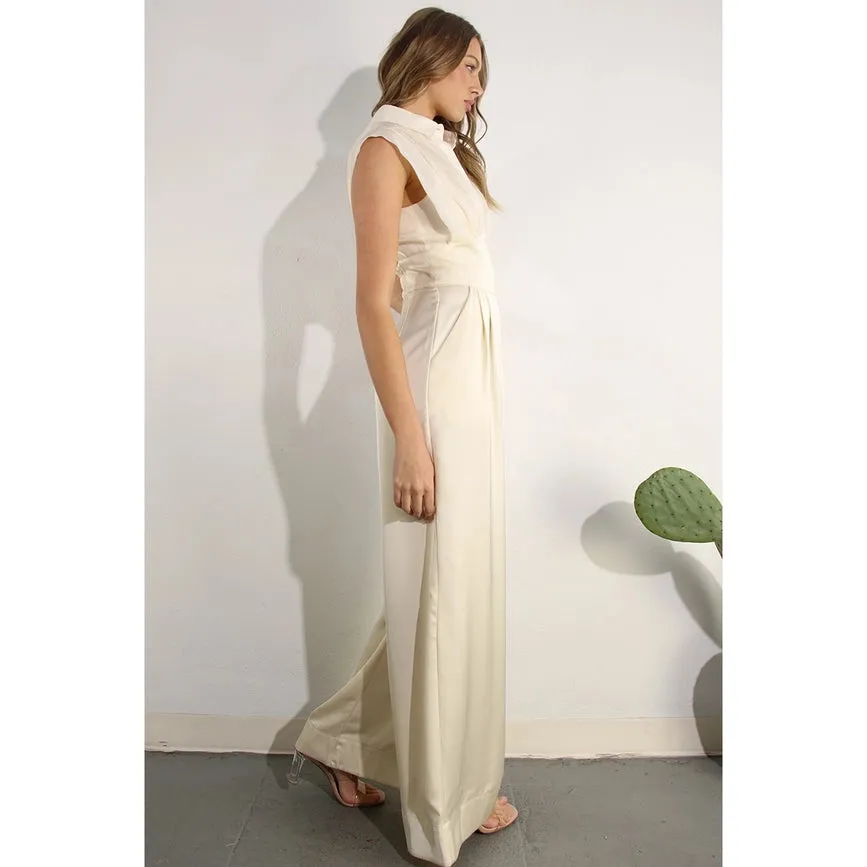 Sheer Pleated Top Satin Jumpsuit