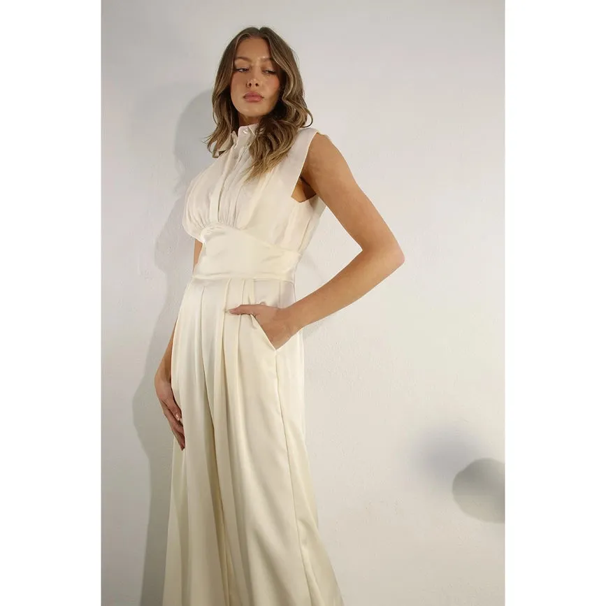 Sheer Pleated Top Satin Jumpsuit