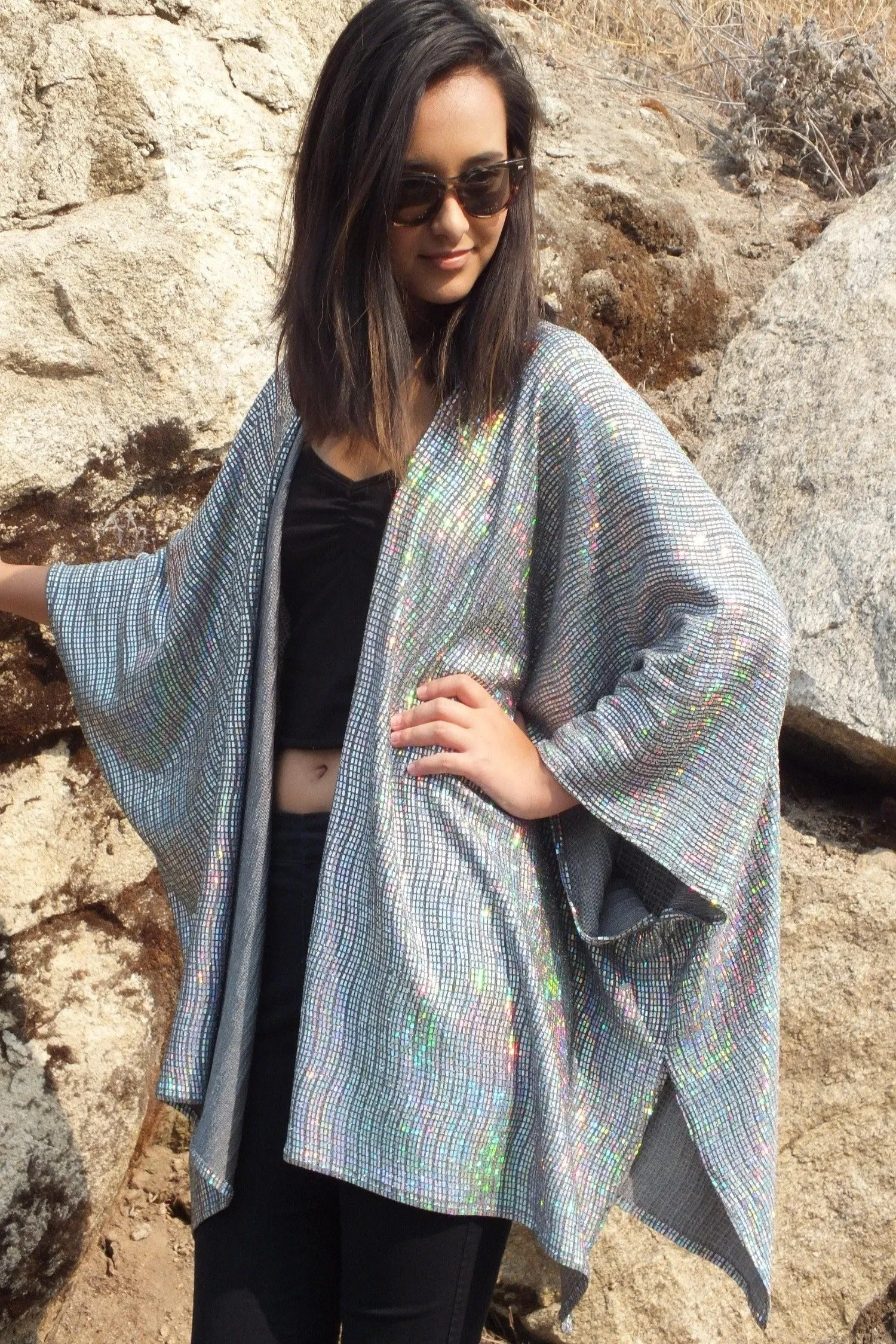 Silver Iridescent Glitter Tunic Kimono Top