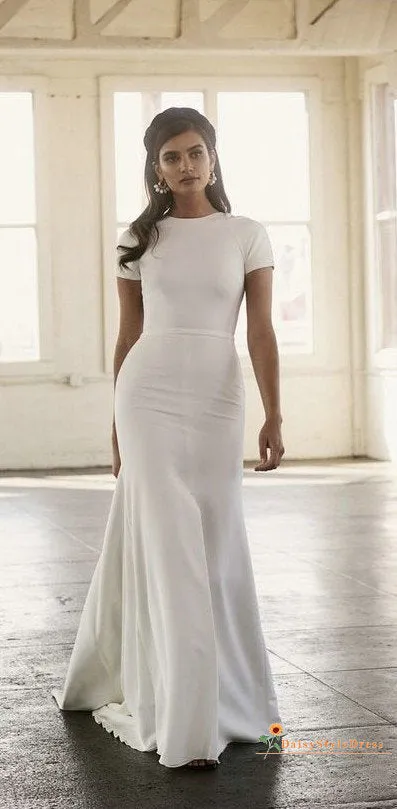 Simple Short Sleeve Sexy Low Back Wedding Dress