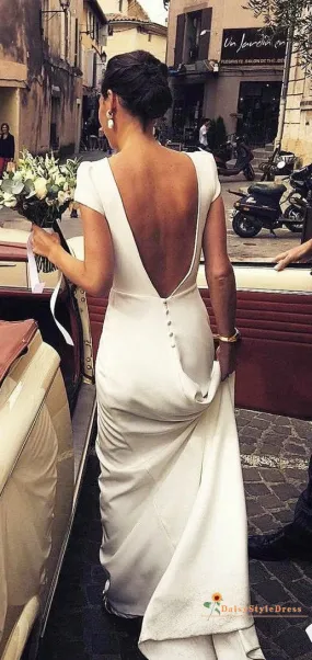 Simple Short Sleeve Sexy Low Back Wedding Dress