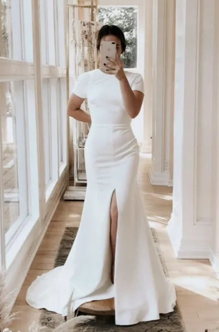 Simple Short Sleeve Sexy Low Back Wedding Dress