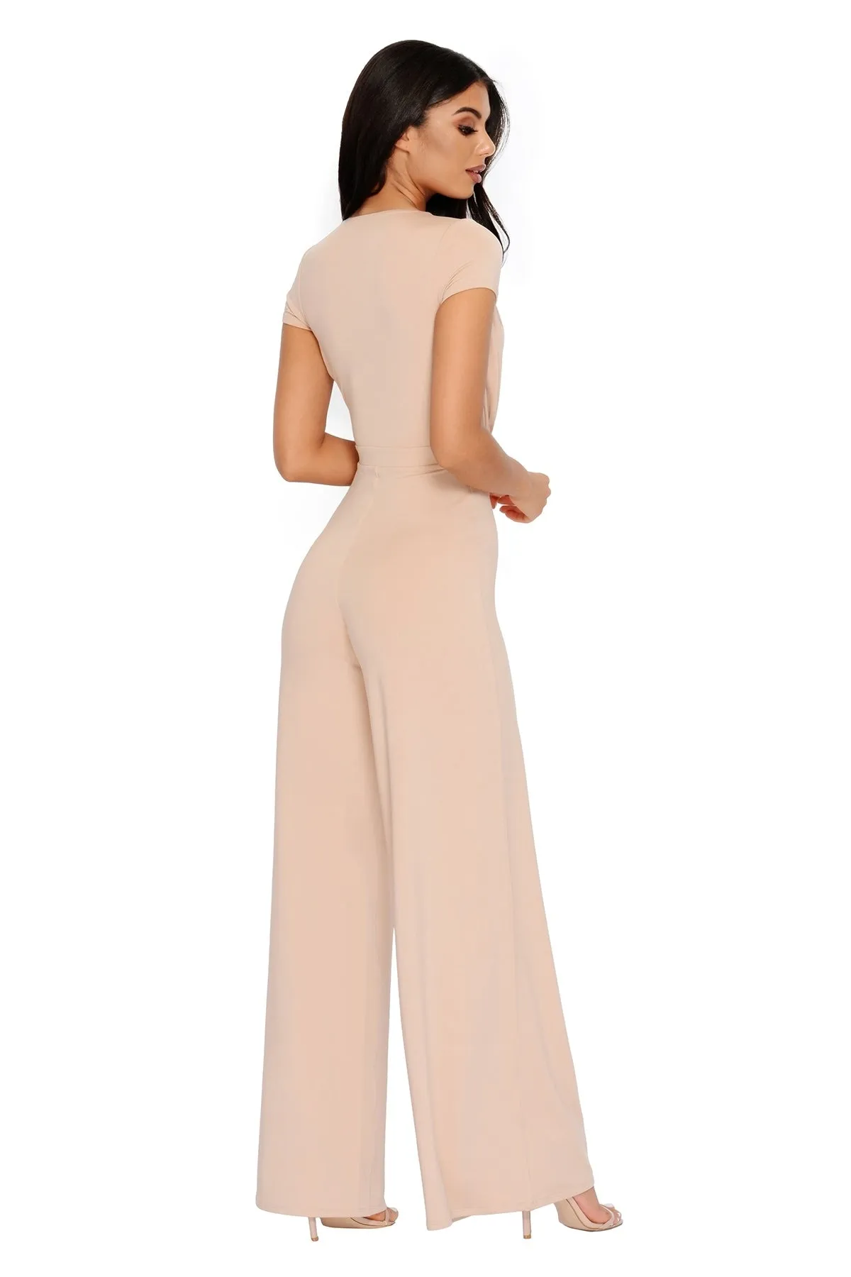 Sleeve It To Me Extreme Plunge Wide Leg Jumpsuit in Frappe