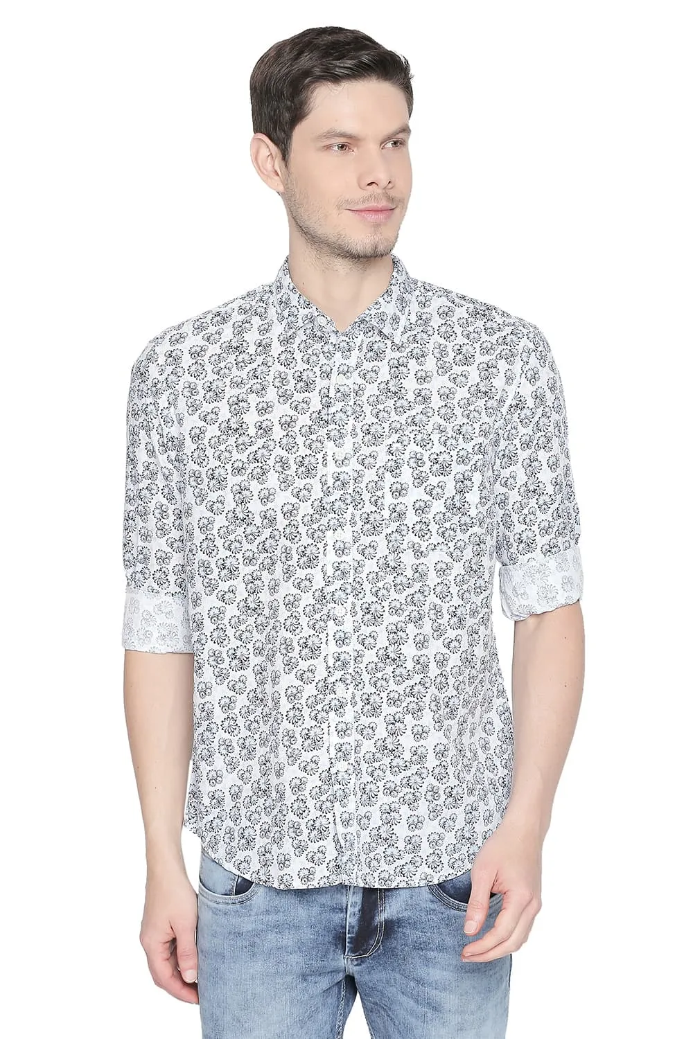 Slim Fit Printed Cotton Linen Shirt