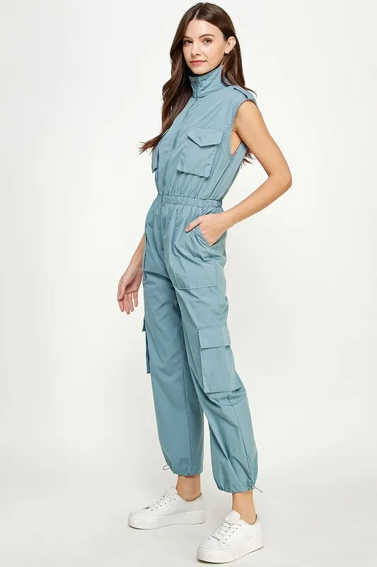 Smoke Blue High Neck Cargo Technical Jumpsuit