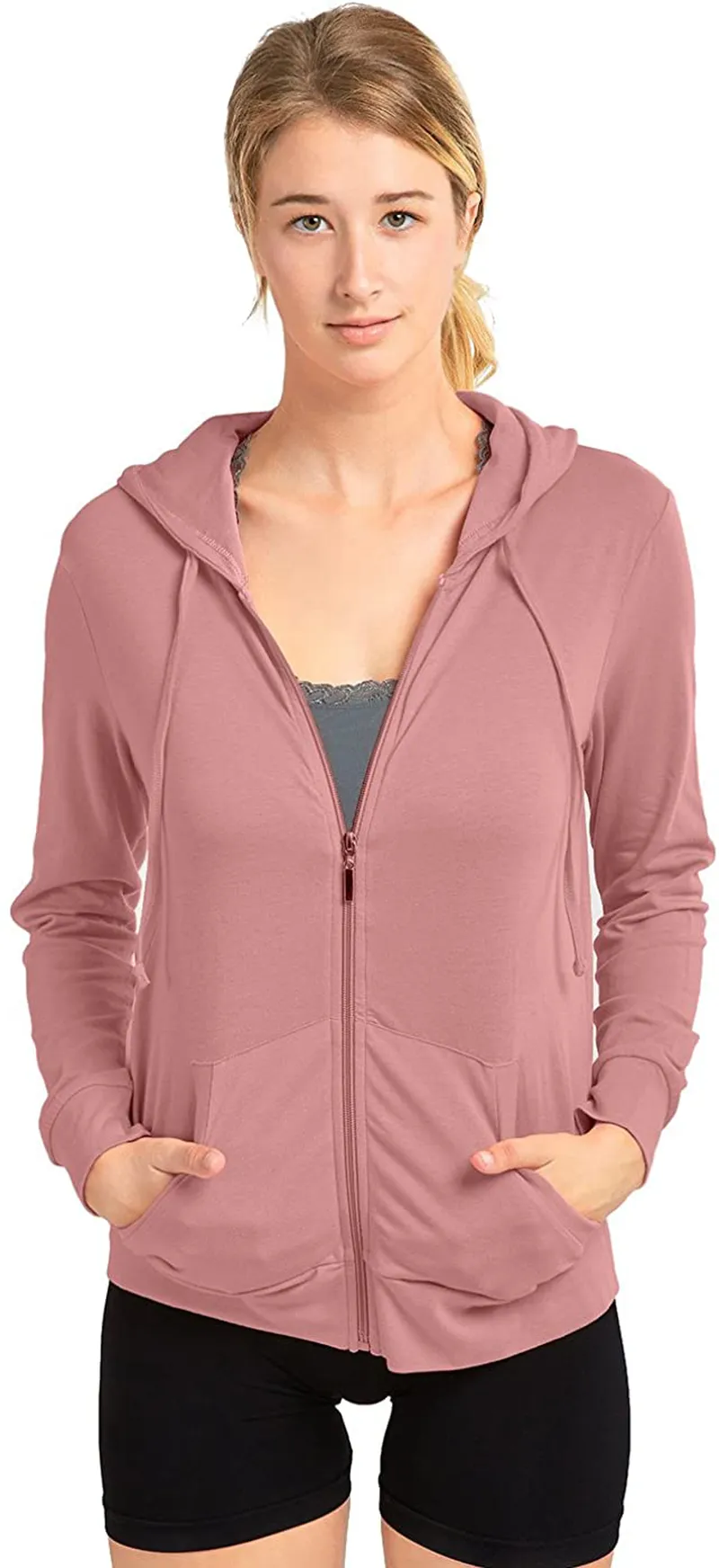 Sofra Women's Thin Cotton Zip Up Hoodie Jacket