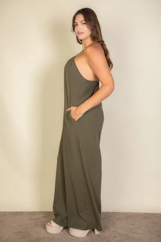 Solid Taupe Spaghetti Plus Strap Wide Jumpsuit