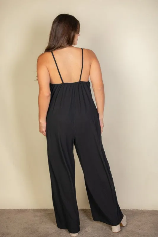 Solid Taupe Spaghetti Plus Strap Wide Jumpsuit