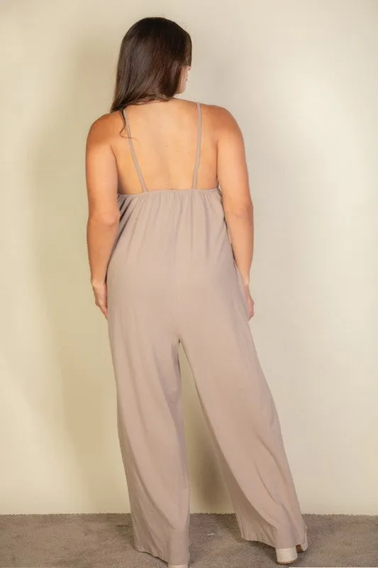 Solid Taupe Spaghetti Plus Strap Wide Jumpsuit