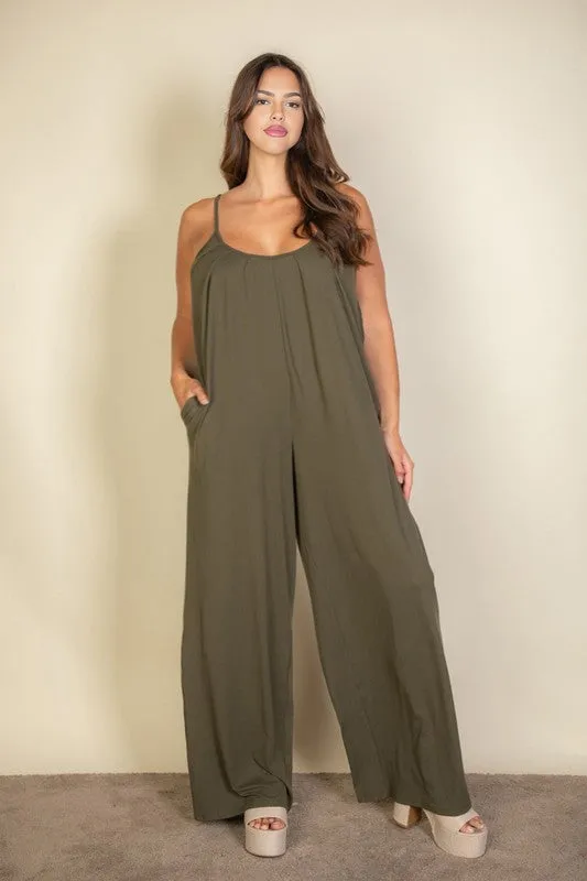 Solid Taupe Spaghetti Plus Strap Wide Jumpsuit